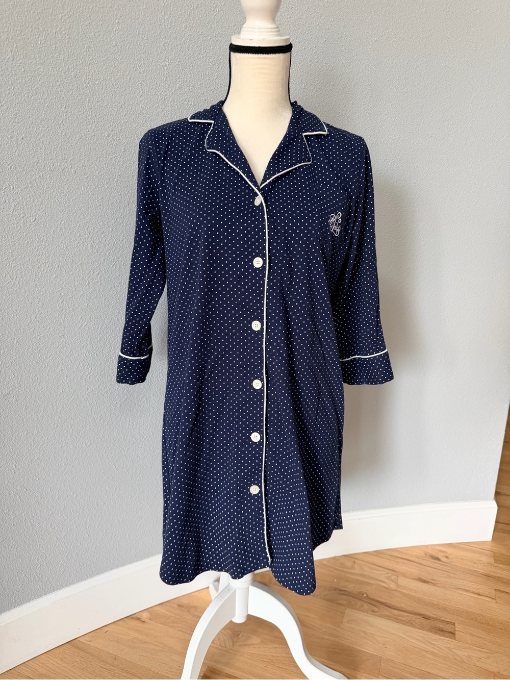 Lauren Ralph Lauren Polka Dot Cotton Sleep Shirt Medium Navy Blue LRL Monogram